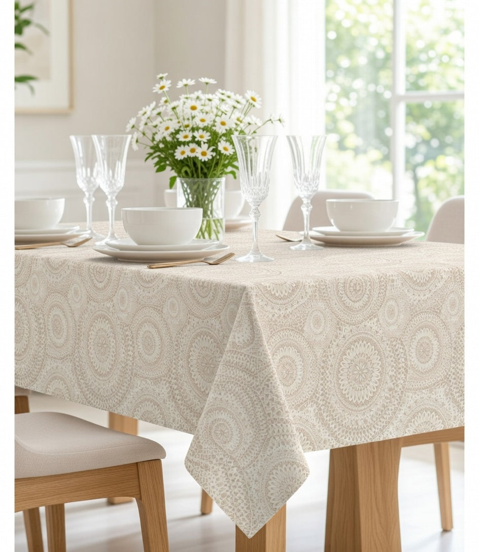 Mantel Antimanchas Mandala beige y gris